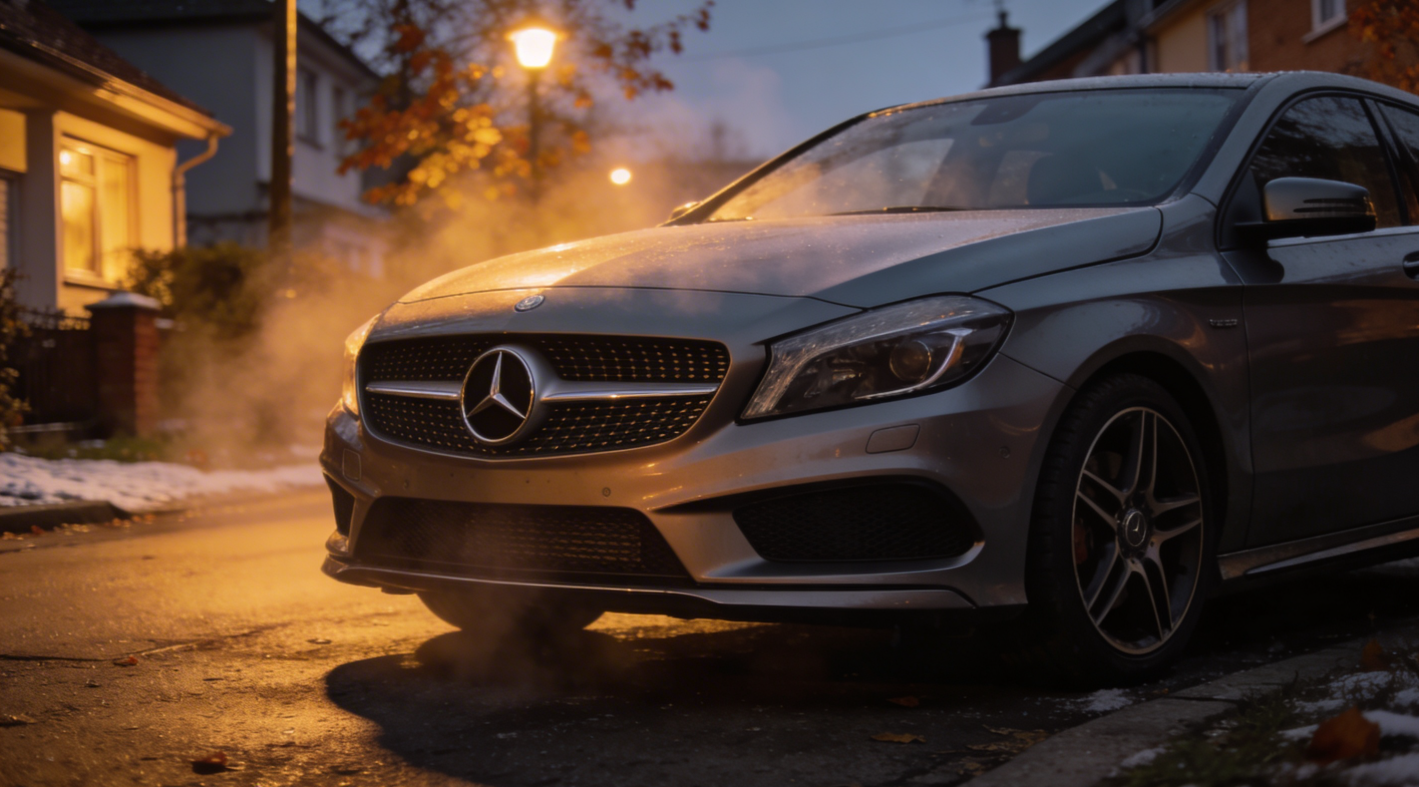 Photo d'une mercedes classe a garée dans la rue à la tombée de la nuit