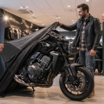 un homme en train de découvrir sa première moto de route