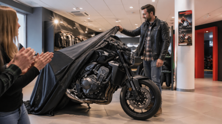 un homme en train de découvrir sa première moto de route