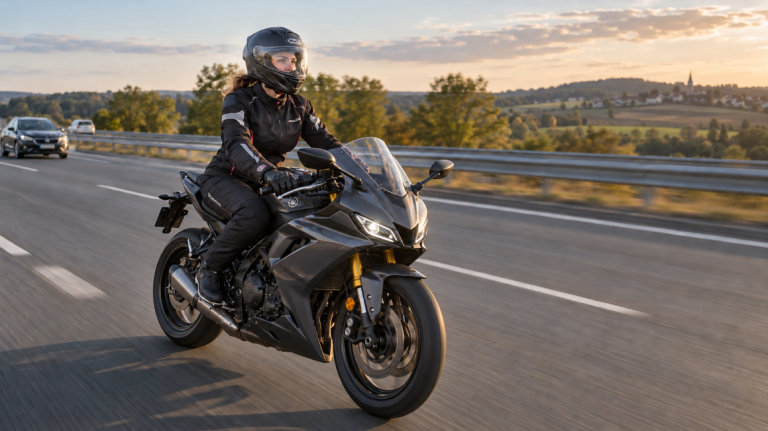 Une femme sur sa Yamaha sur l'autoroute